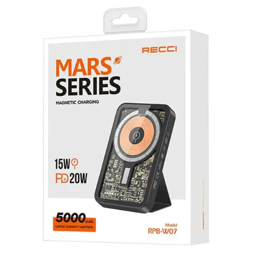 RECCI Mars Magnetic Wireless Power Bank 5000mAh – 15W Mag Wireless Charging + 20W PD Fast Charging – Type-C Port – Black (RPB-W07)