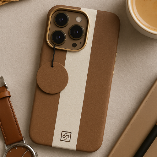 iPhone 13 Pro Max Luxury Leather Case – Dual Line Design, Metal Camera Ring, Soft Inner Lining, MagSafe Compatible (Brown & Black)