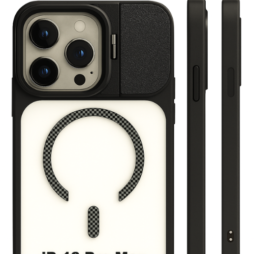 iPhone 17 Pro Max Magnetic MagSafe Case – Carbon Fiber Design, Sliding Metal Camera Cover, Built-In Kickstand, Premium Shockproof Protection