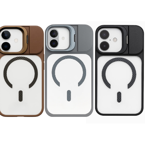 iPhone 17 Magnetic MagSafe Case – Carbon Fiber Design, Sliding Metal Camera Cover, Built-In Kickstand, Premium Shockproof Protection