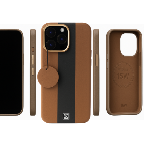 iPhone 13 Pro Max Luxury Leather Case – Dual Line Design, Metal Camera Ring, Soft Inner Lining, MagSafe Compatible (Brown & Black)