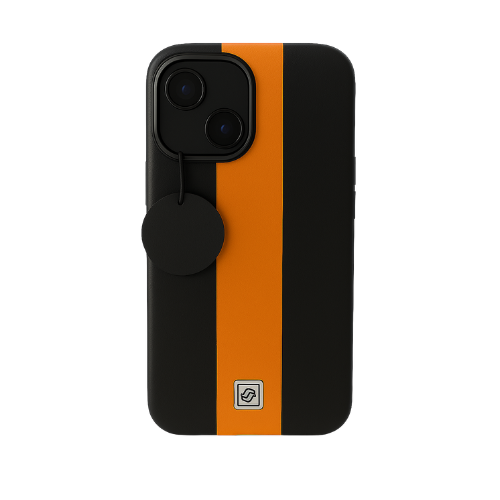 iPhone 14 Pro Luxury Leather Case – Dual Line Design, Metal Camera Ring, Soft Inner Lining, MagSafe Compatible (Black & Orange)