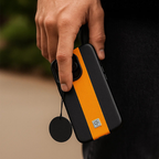 iPhone 14 Pro Luxury Leather Case – Dual Line Design, Metal Camera Ring, Soft Inner Lining, MagSafe Compatible (Black & Orange)