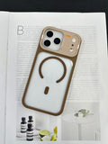 iPhone 17 Pro Max clear case with beige frame, MagSafe ring and raised camera guard