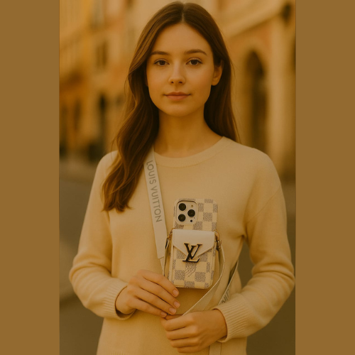 Compatible with iPhone 16 Pro Max Luxury LV Crossbody Phone Case with Mini Bag – Premium PU Leather, Shoulder Strap, Shockproof Design