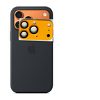 Black Silicone Case with Orange Metal Camera Converter – Compatible with iPhone 14 Pro Max / 15 Pro Max / 16 Pro Max to iPhone 17 Pro Max Style