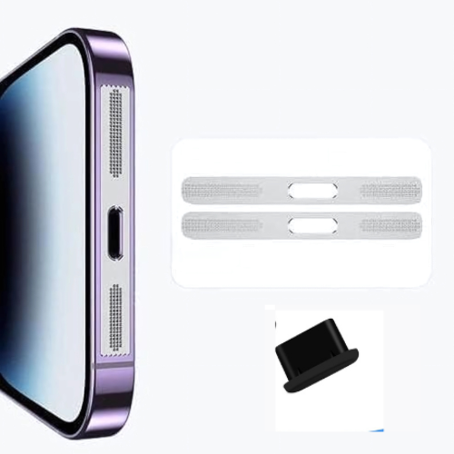 Anti-Dust Metal Mesh Sticker for iPhone Speaker – 2-Pack + Silicone Charging Port Dust Plug – Compatible with iPhone 12/13/14/15/16/17