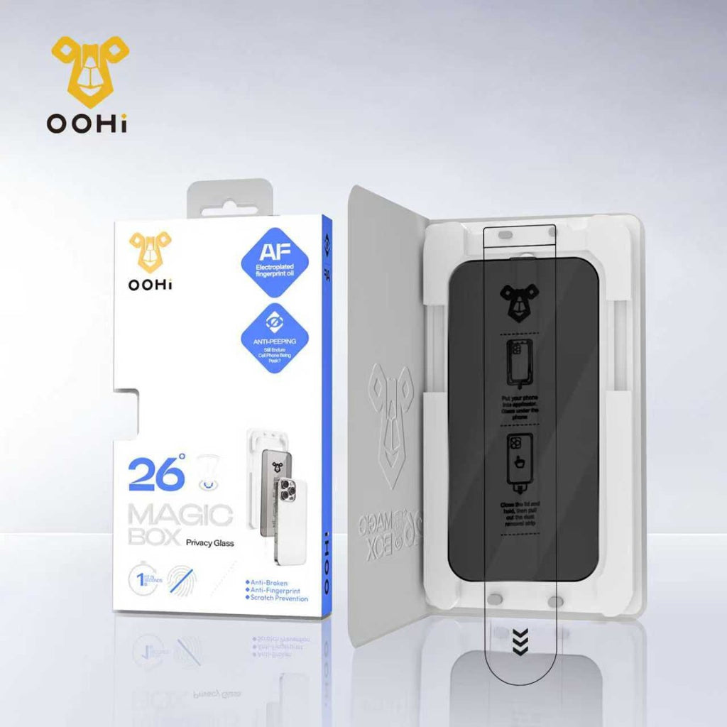 iPhone 15 Pro Max Compatible With Privacy Screen Protector Glass With Magic Box - Anti-Spy, Black Frame, OOHI Brand Super Glass