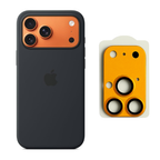 Black Silicone Case with Orange Metal Camera Converter – Compatible with iPhone 14 Pro Max / 15 Pro Max / 16 Pro Max to iPhone 17 Pro Max Style