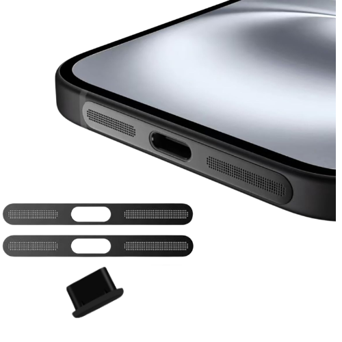 Anti-Dust Metal Mesh Sticker for iPhone Speaker – 2-Pack + Silicone Charging Port Dust Plug – Compatible with iPhone 12/13/14/15/16/17